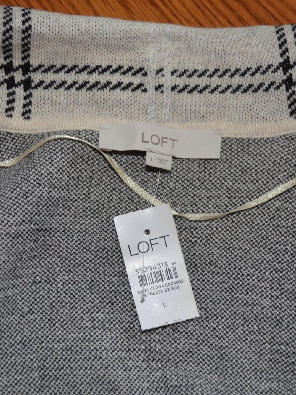 LOFT New Windowpane plaid sweater jacket blazer Cream/black Cotton cardigan L - Picture 7 of 10